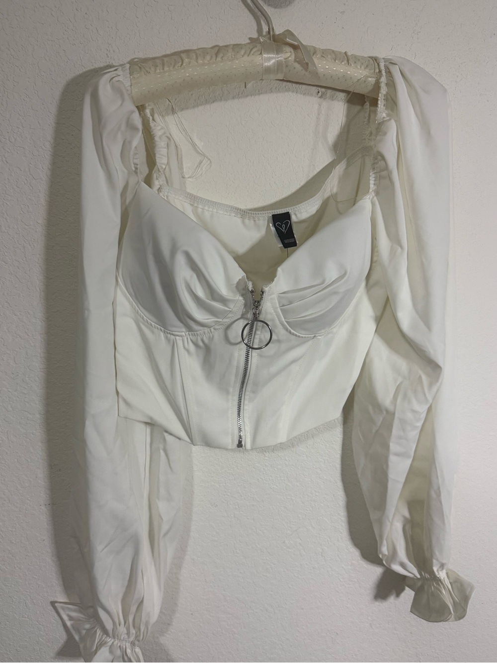 Windsor White Long-Sleeve Zip Bustier Crop Top with Ruffle Cuffs
